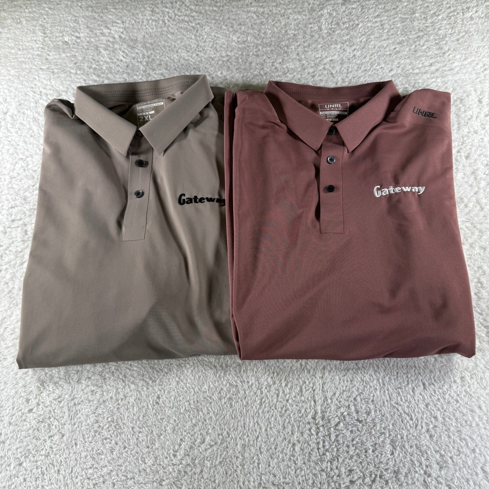 UNRL Golf Polo Bundle Lot (2) Tan Red XXL 2XL Stretch Athletic Shirt Corp Logos